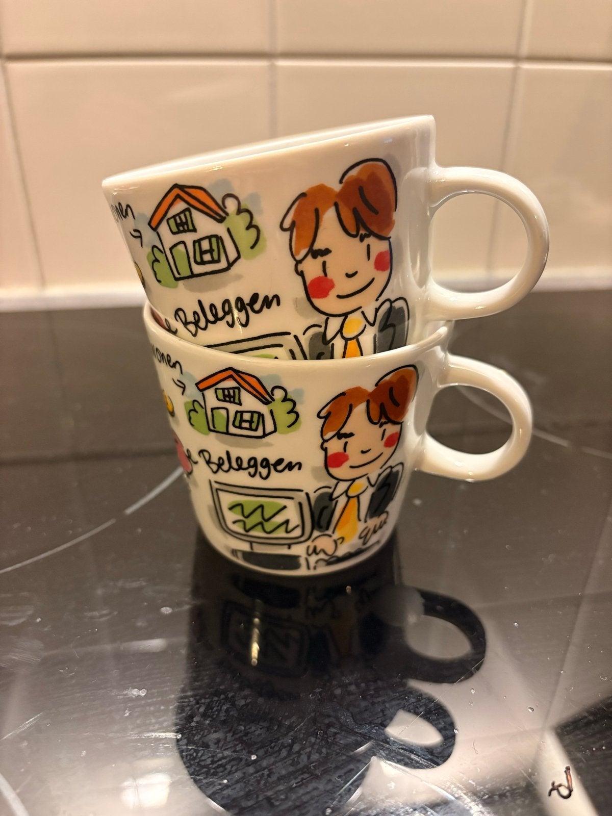 2 Blond Amsterdam x ABN AMRO koffie mokjes, Zo goed als nieuw, Steen/keramiek, Meerkleurig, Ophalen