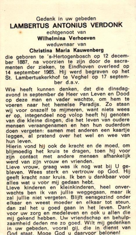Verdonk Lambertus Antonius 's-Hertogenbosch 1887-1965 Veghel, Verzamelen, Bidprentjes en Rouwkaarten, Ophalen of Verzenden