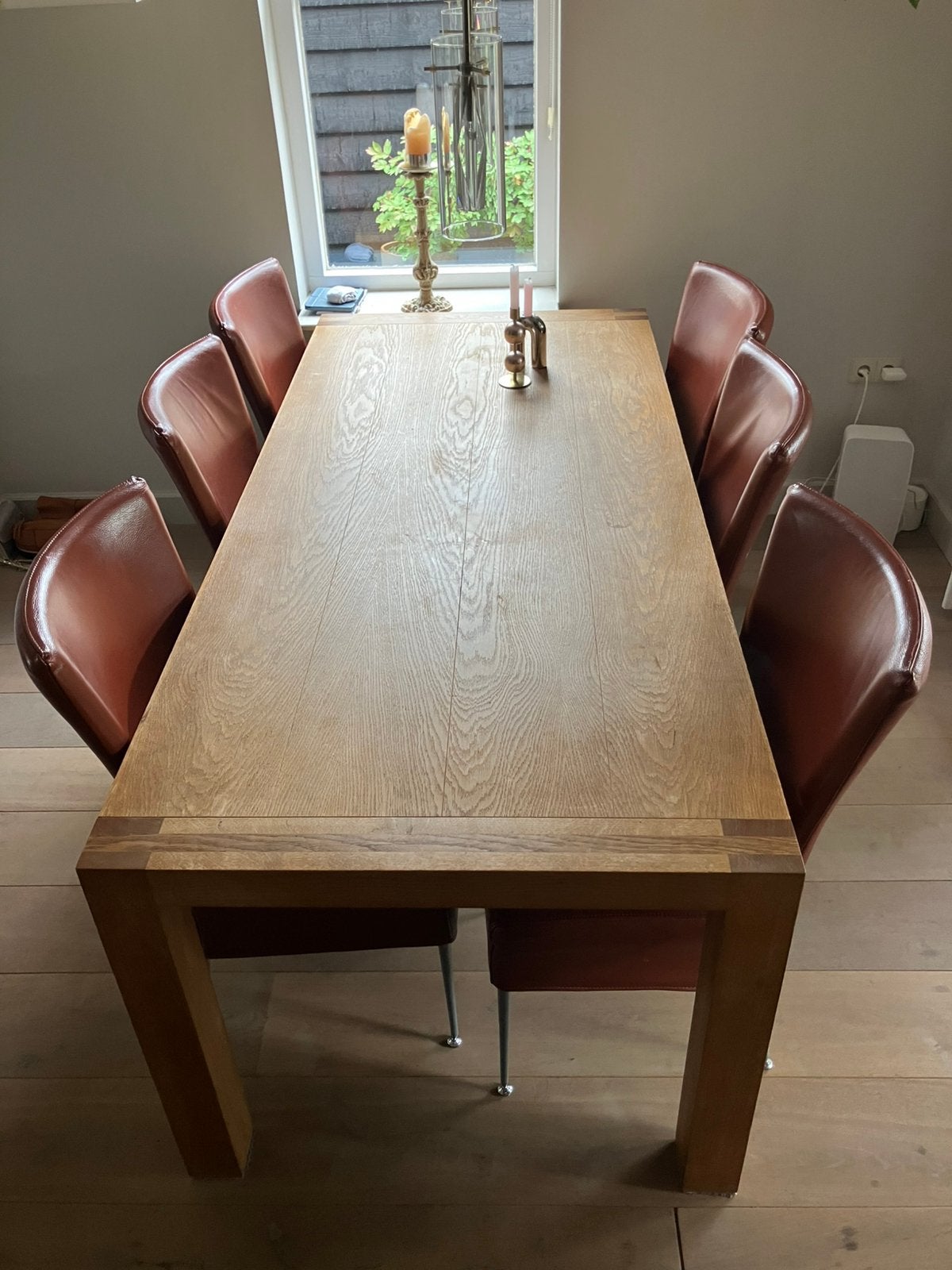 Houten eettafel (90x200cm) met 6 lederen stoelen, Ophalen, Gebruikt, 50 tot 100 cm, Vijf personen of meer