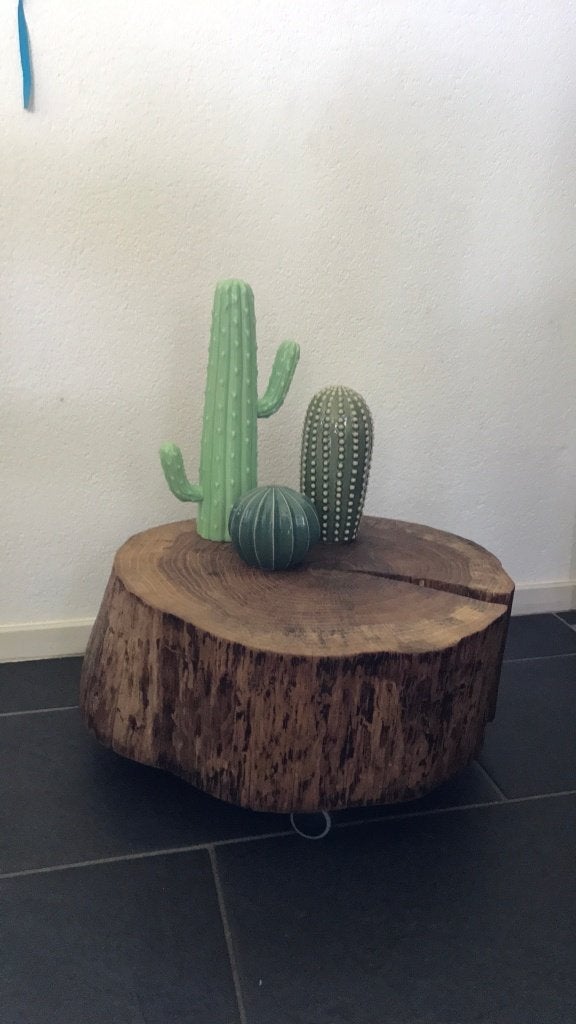 Bijzettafel houten tafel blok hardhouten schijf op wielen, Ophalen, Minder dan 45 cm, Gebruikt, Rond
