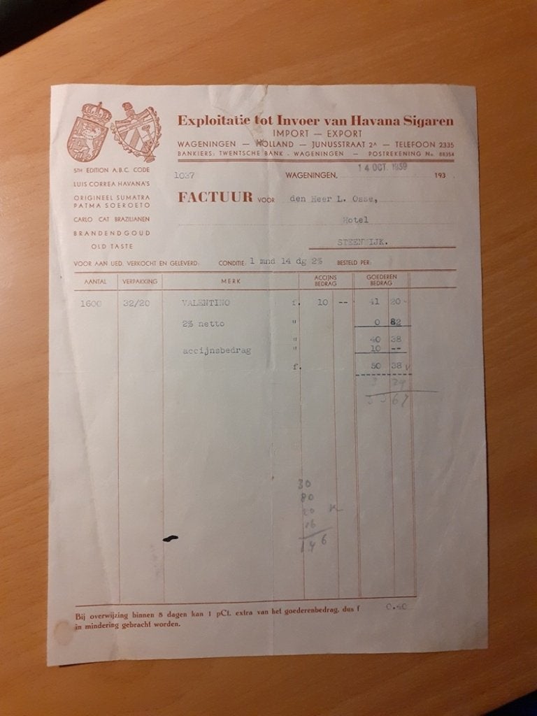 Expl. tot invoer Havana sigaren Wageningen factuur 1939, Verzamelen, Rookartikelen, Aanstekers en Luciferdoosjes, Ophalen of Verzenden
