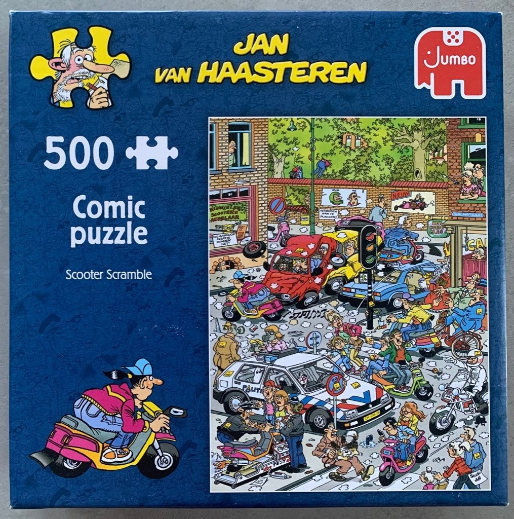JAN VAN HAASTEREN puzzel SCOOTER SCRAMBLE, Ophalen of Verzenden, 500 t/m 1500 stukjes, Zo goed als nieuw, Legpuzzel