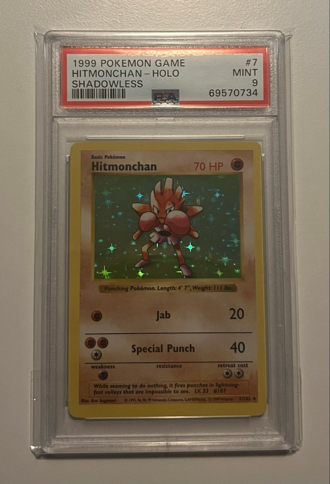 Hitmonchan 7/102 - Shadowless - Base Set - PSA 9, Ophalen of Verzenden, Zo goed als nieuw, Losse kaart, Foil