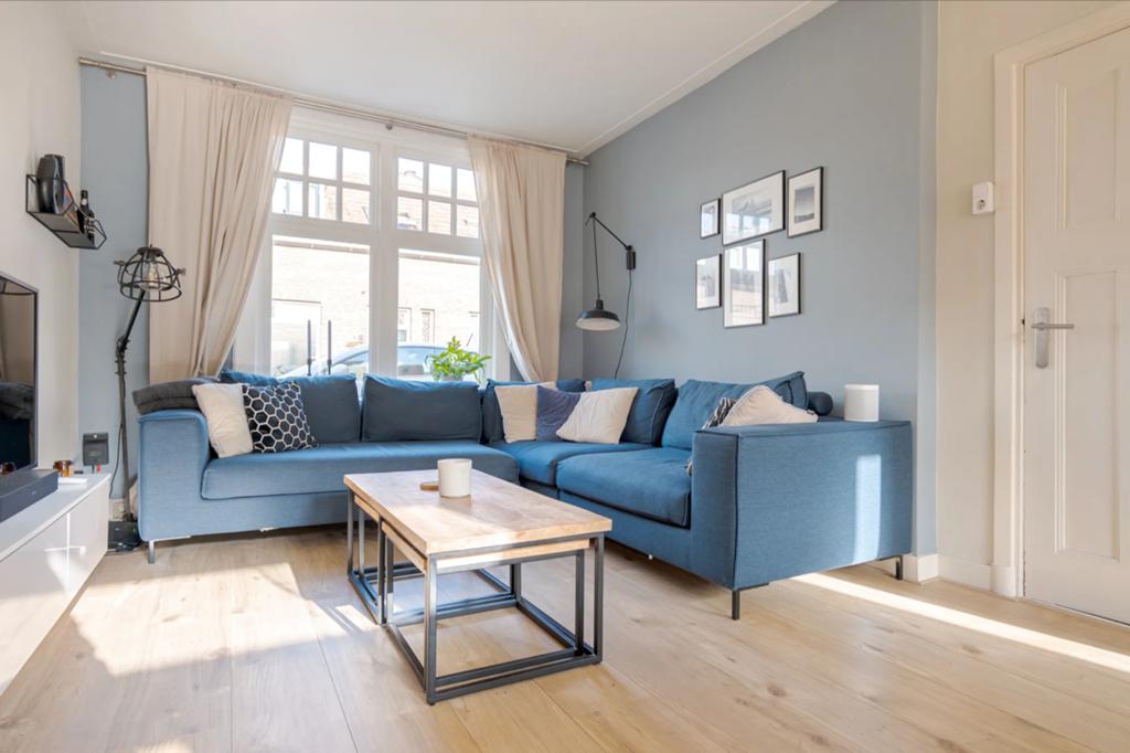 Moderne donkerblauwe hoekbank - stof, Ophalen, 250 tot 300 cm, 100 tot 125 cm, Hoekbank