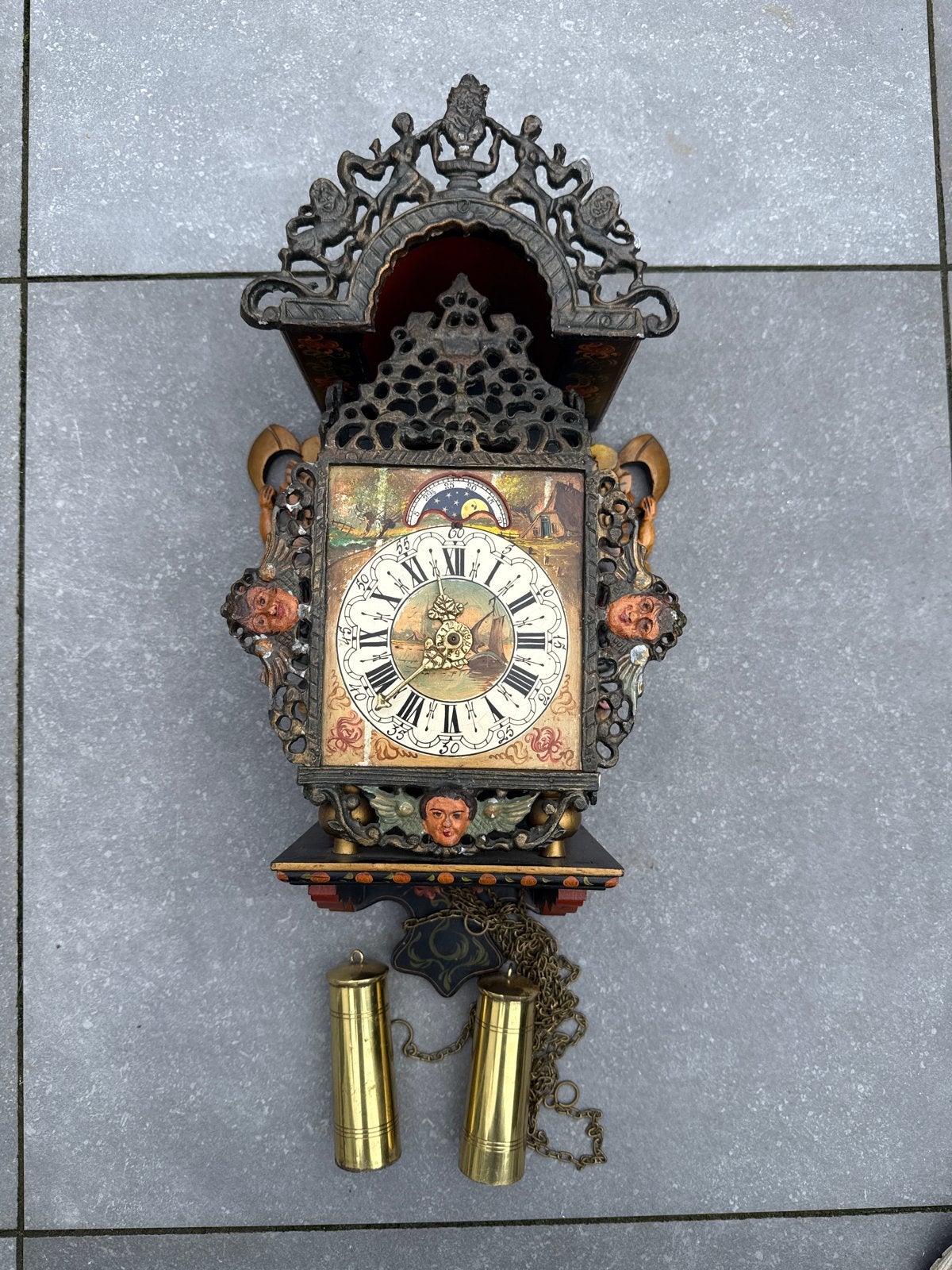Antieke Friese Staartklok met Maanstand en Gewichten, Antiek en Kunst, Ophalen of Verzenden