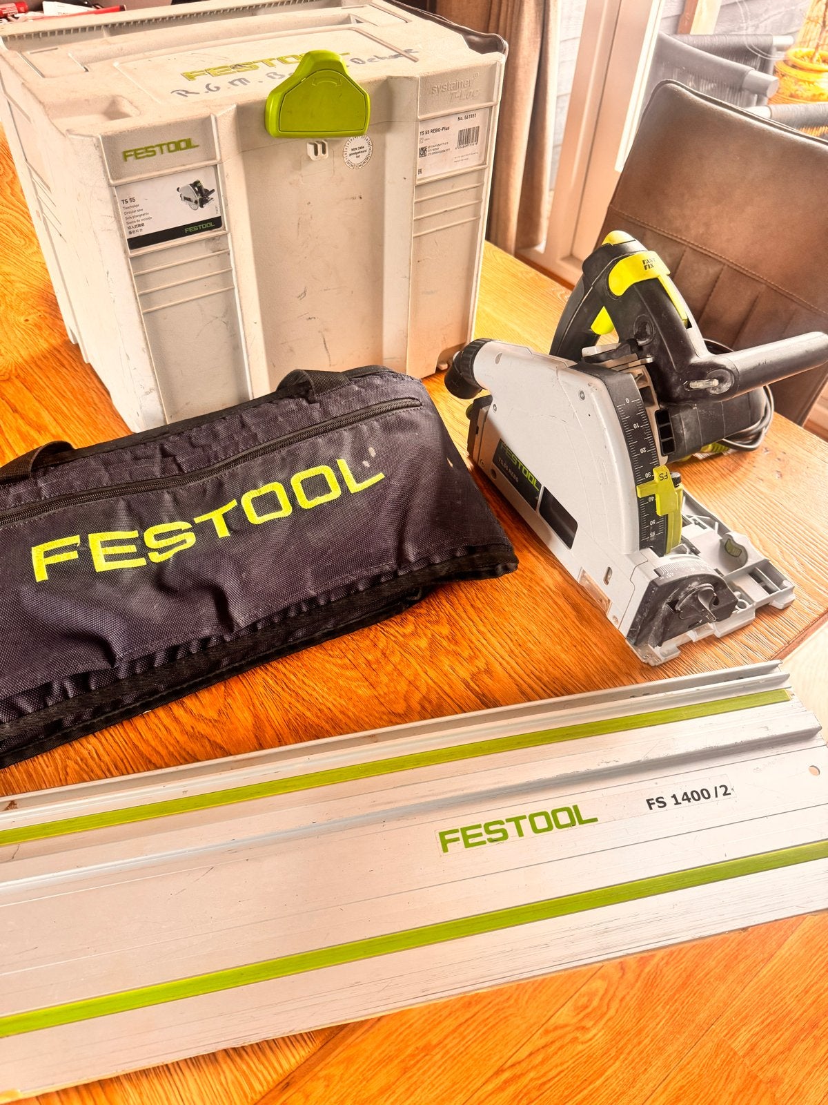 Festool Invalzaag TS 55 REBQ met geleiderail en koffer, Gebruikt, Invalzaag, Ophalen of Verzenden, 30 tot 70 mm