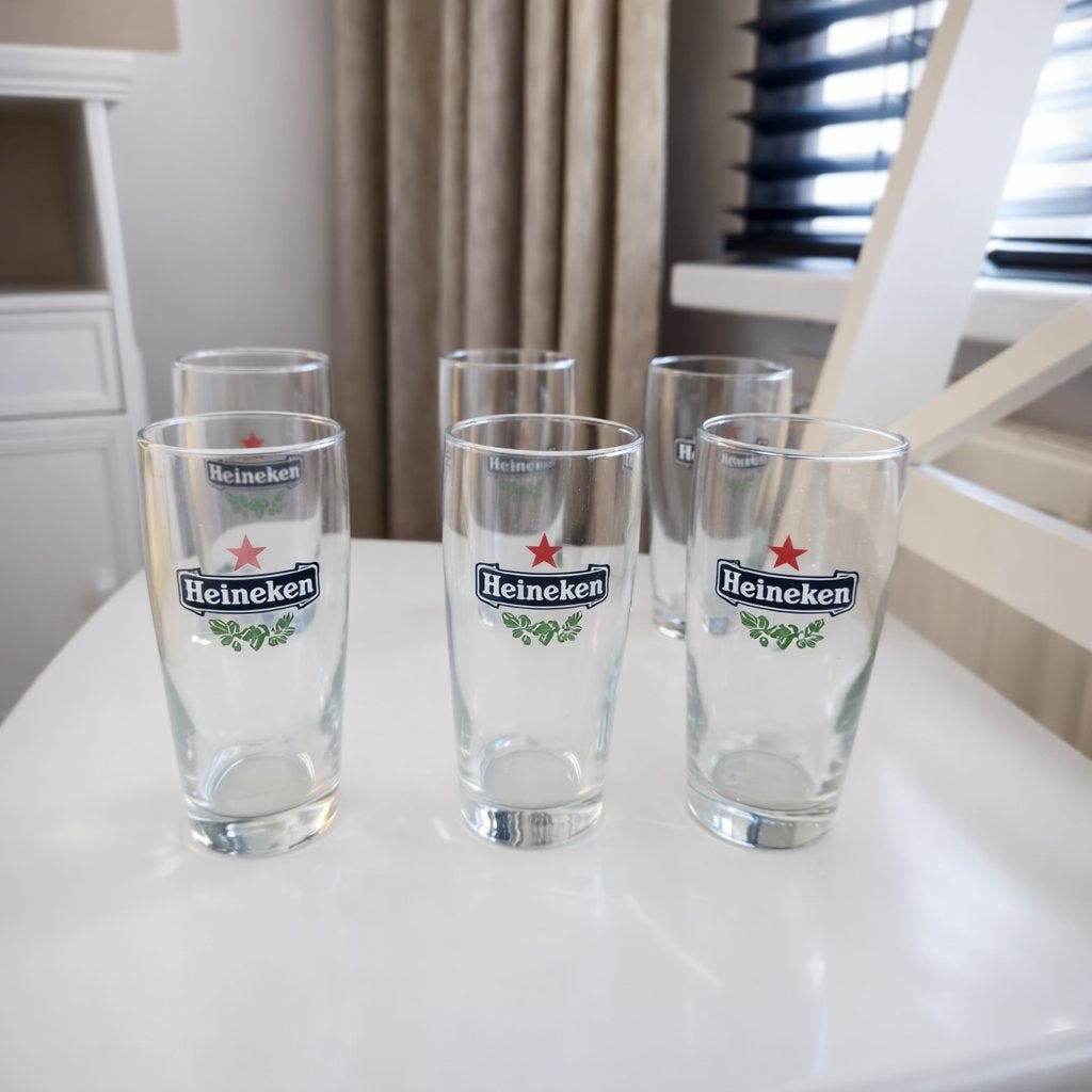 vintage 90's- 6 heineken bierglazen (vaasjes/boerkes)Galaxy, Ophalen of Verzenden, Zo goed als nieuw, Bierglas