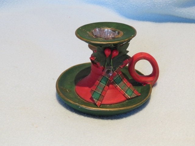 Vintage kerstkandelaar keramiek blakermodel met strikje, Diversen, Kerst, Ophalen of Verzenden, Gebruikt