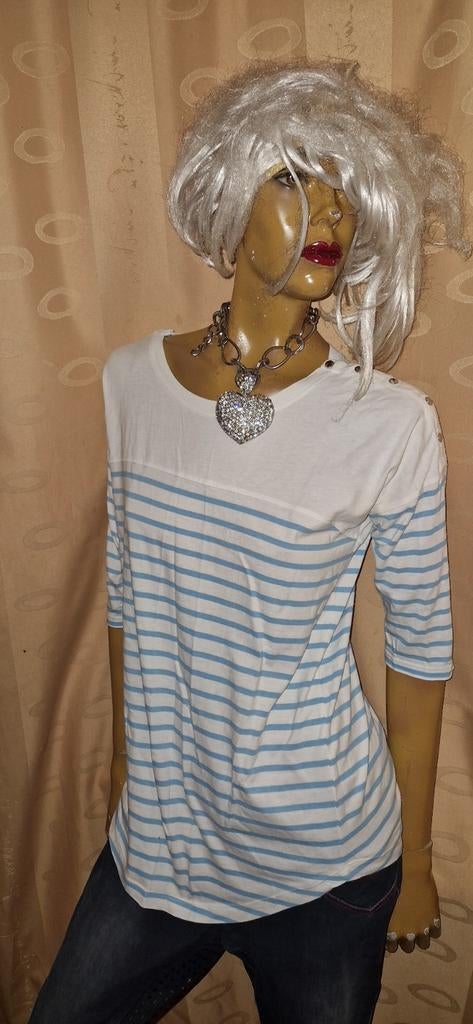 Wit met blauw gestreept T-shirt met knoopjes op schouder, Kleding | Dames, Positiekleding, Maat 38/40 (M), Overige kleuren, Nieuw
