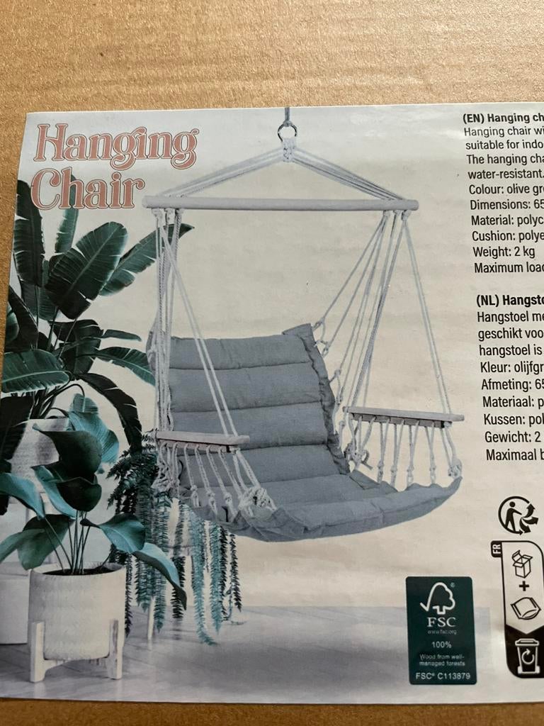 Hangstoel . Nieuw in doos,  Olijfgroen,maat doos 92 lang ., Ophalen of Verzenden, Nieuw, Eenpersoons, Binnen