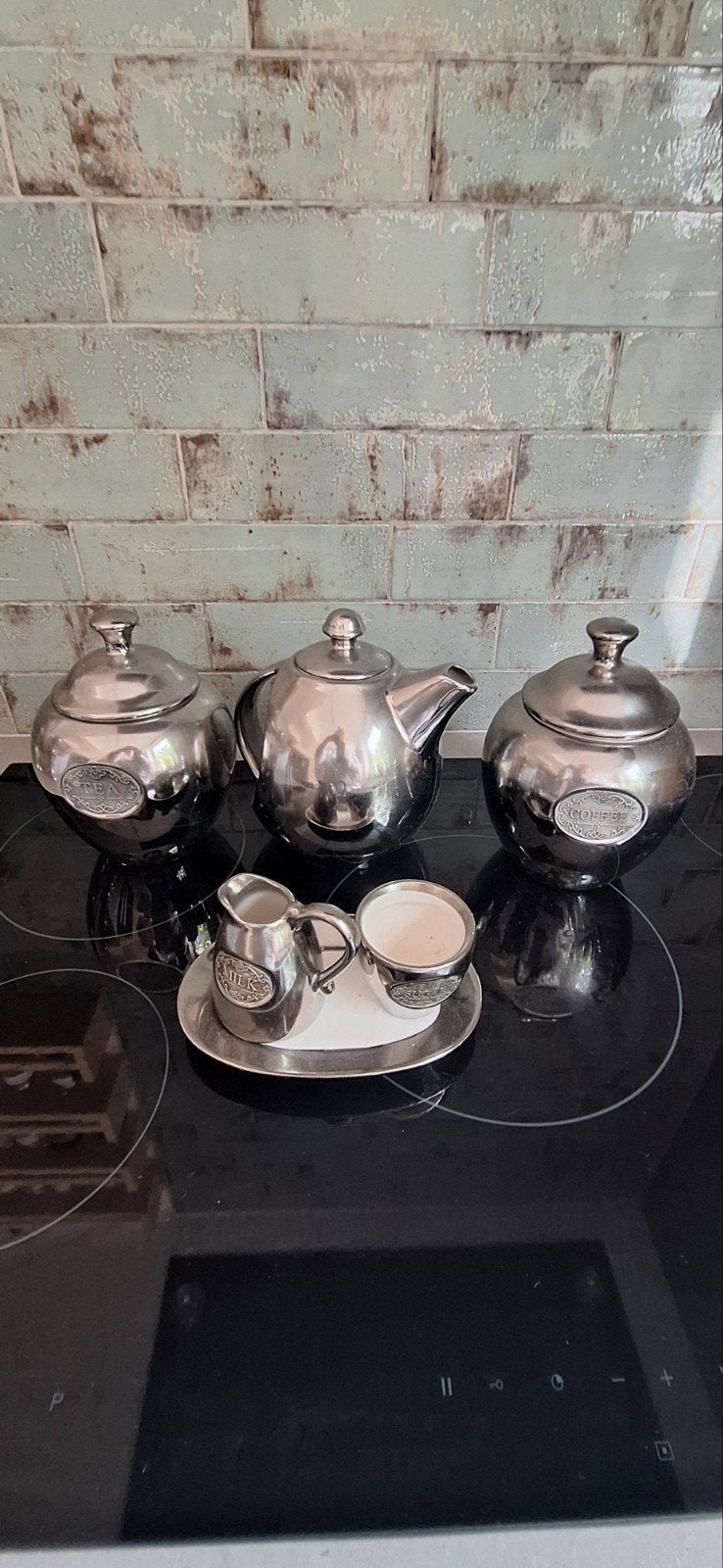 Leuke decoratieve keuken set - thee, koffie, suiker, melk, Ophalen, Gebruikt, Overige stijlen, Metaal