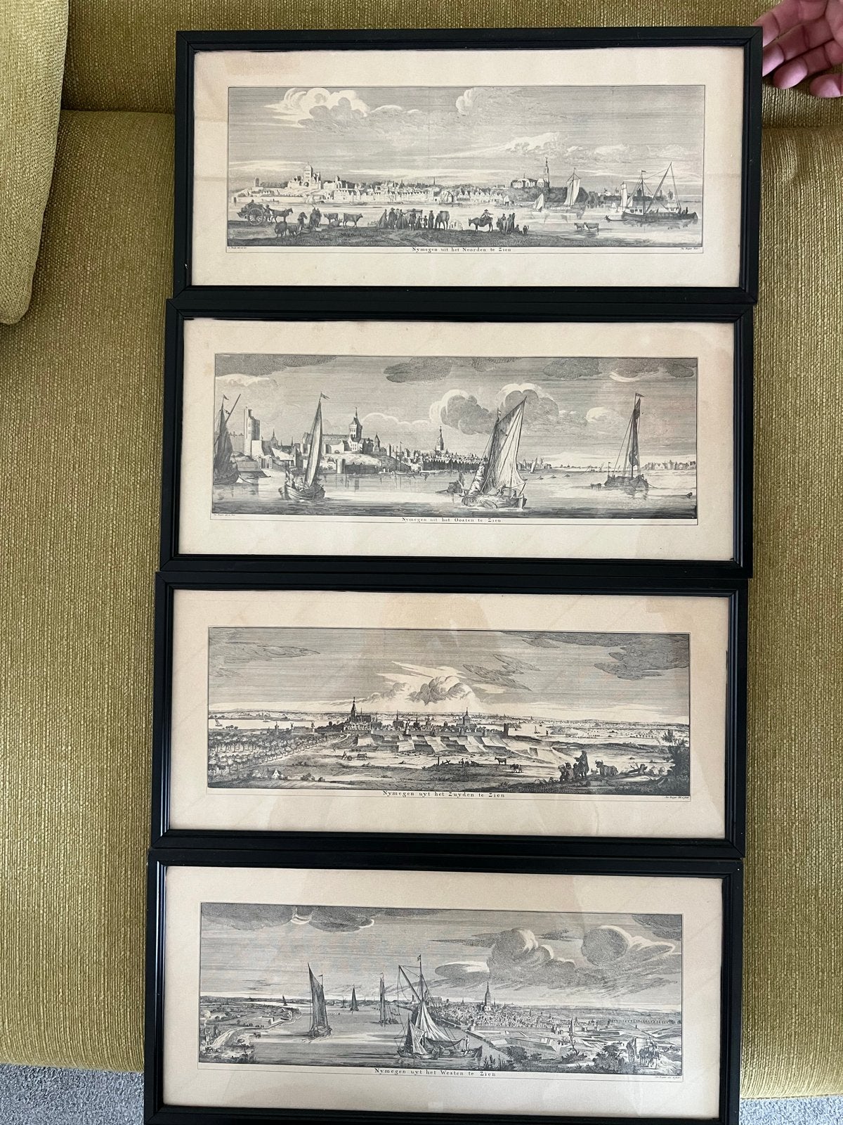 Set van 4 antieke gravures van Nijmegen, 18e eeuw, Antiek en Kunst, Ophalen, Ingelijst, Stadsgezicht, Gravure