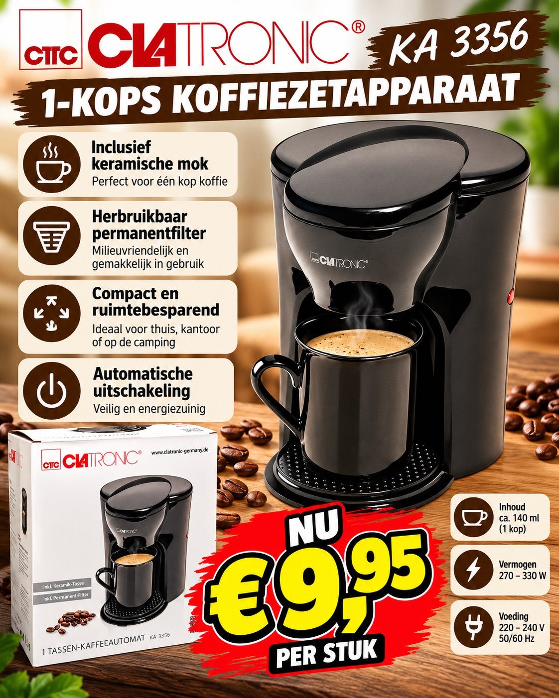 Clatronic KA 3356 1-kops koffiezetapparaat met mok, Gemalen koffie, Ophalen of Verzenden, 1 kopje, Koffiemachine