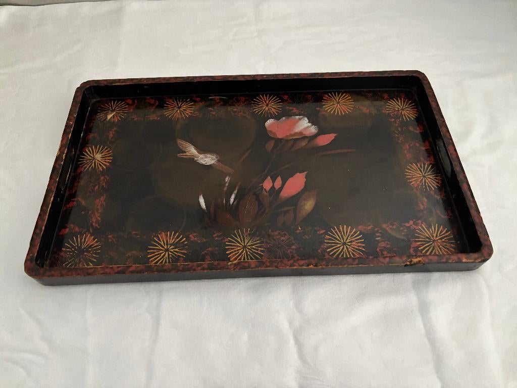 Chinees houten lakwerk dienblad beschilderd vogels + bloemen, Ophalen of Verzenden