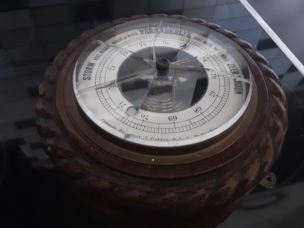 Antieke Barometer - Nederlands - Hout - Glas beschadigd, Antiek en Kunst, Antiek | Gereedschap en Instrumenten, Ophalen of Verzenden