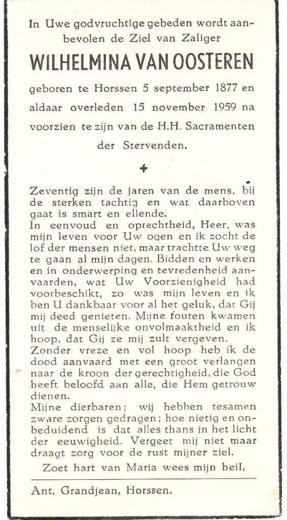 Horssen 1877 - 1959 Wilhelmina van Oosteren, Ophalen of Verzenden, Bidprentje