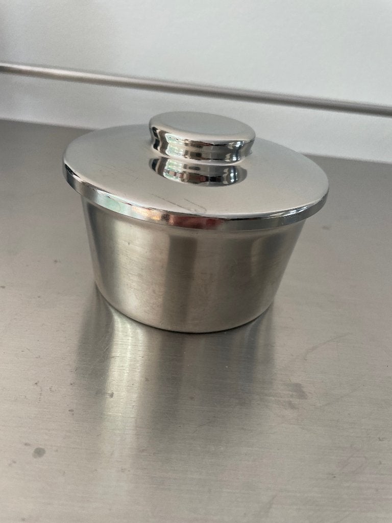 Alfra Alessi rvs bowl / pot / box met deksel 70s, Huis en Inrichting, Verzenden, Zilver, Overige typen, Gebruikt