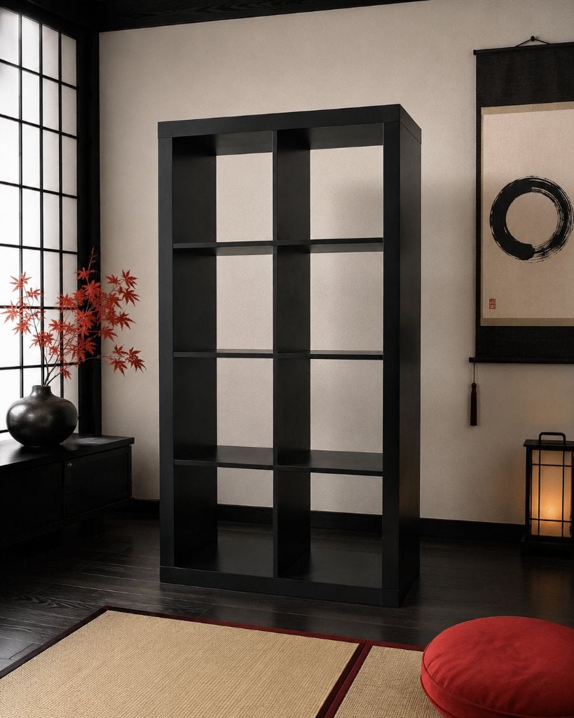 Zwarte IKEA KALLAX vakkenkast – 8 vakken, Ophalen, Met plank(en), Japans, 50 tot 100 cm