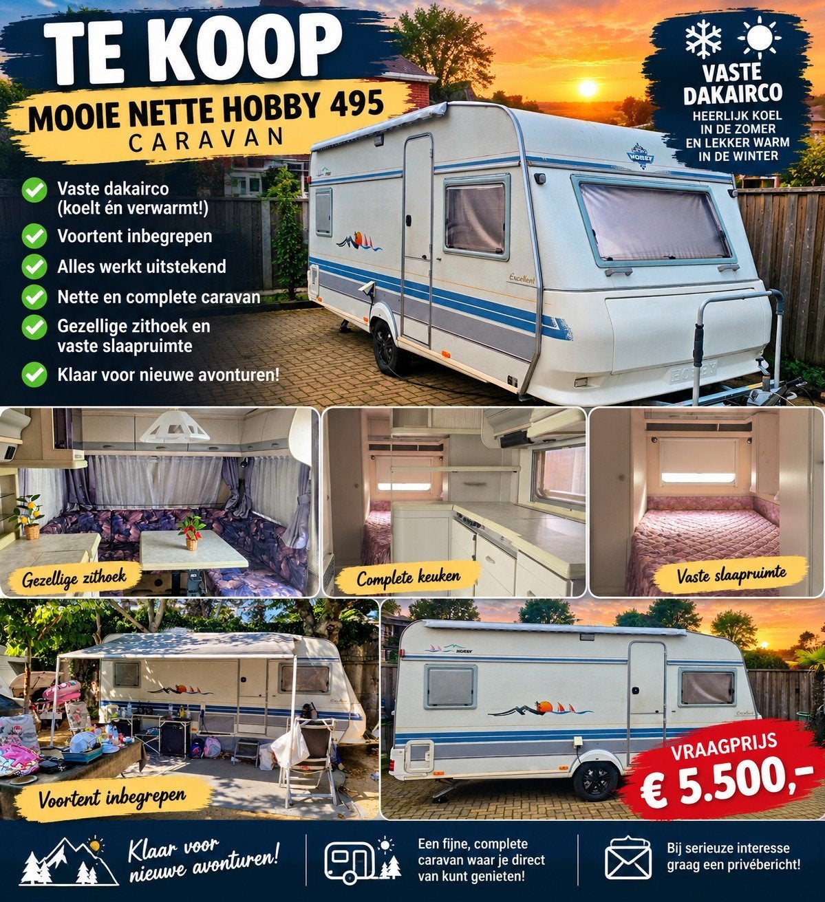 Hobby 495 uit 1996 met vaste dak airco, Rondzit, Hobby, Frans bed, 7 tot 8 meter