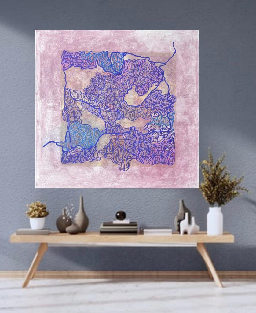Groot vierkant, abstract, roze, lila schilderij, Ophalen