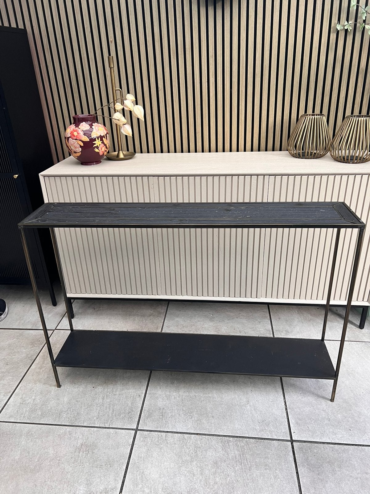 Sidetable metaal zwart brons, Ophalen, 100 tot 150 cm, Zo goed als nieuw, Metaal