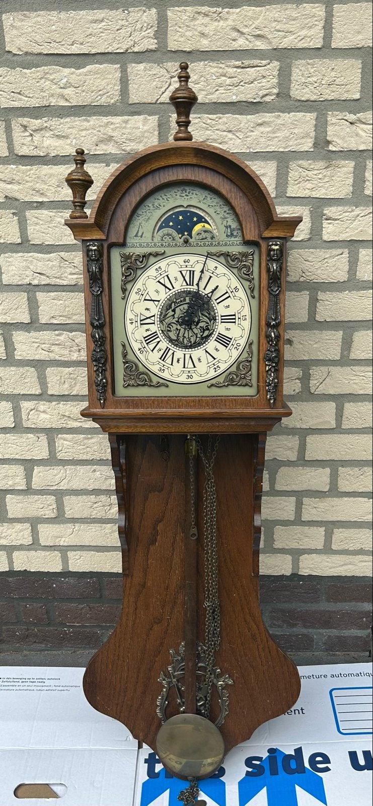 Antieke Wandklok met Maanstand en Gewichten, Antiek en Kunst, Ophalen