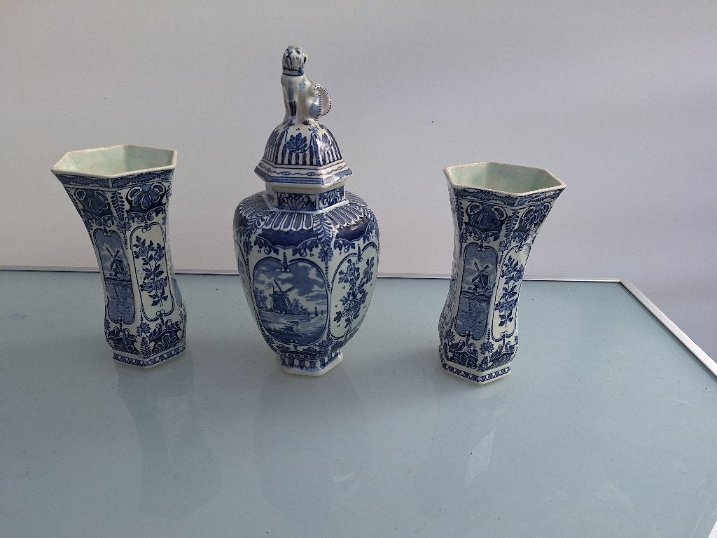 Delfts Blauw Boch Royal Sphinx set met dekselpot en vazen, Ophalen of Verzenden