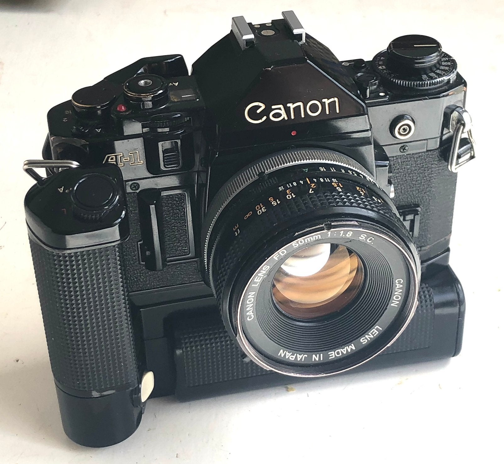 Canon A-1 met FD 50mm en Motor Drive MA, Ophalen of Verzenden, Zo goed als nieuw, Spiegelreflex, Canon