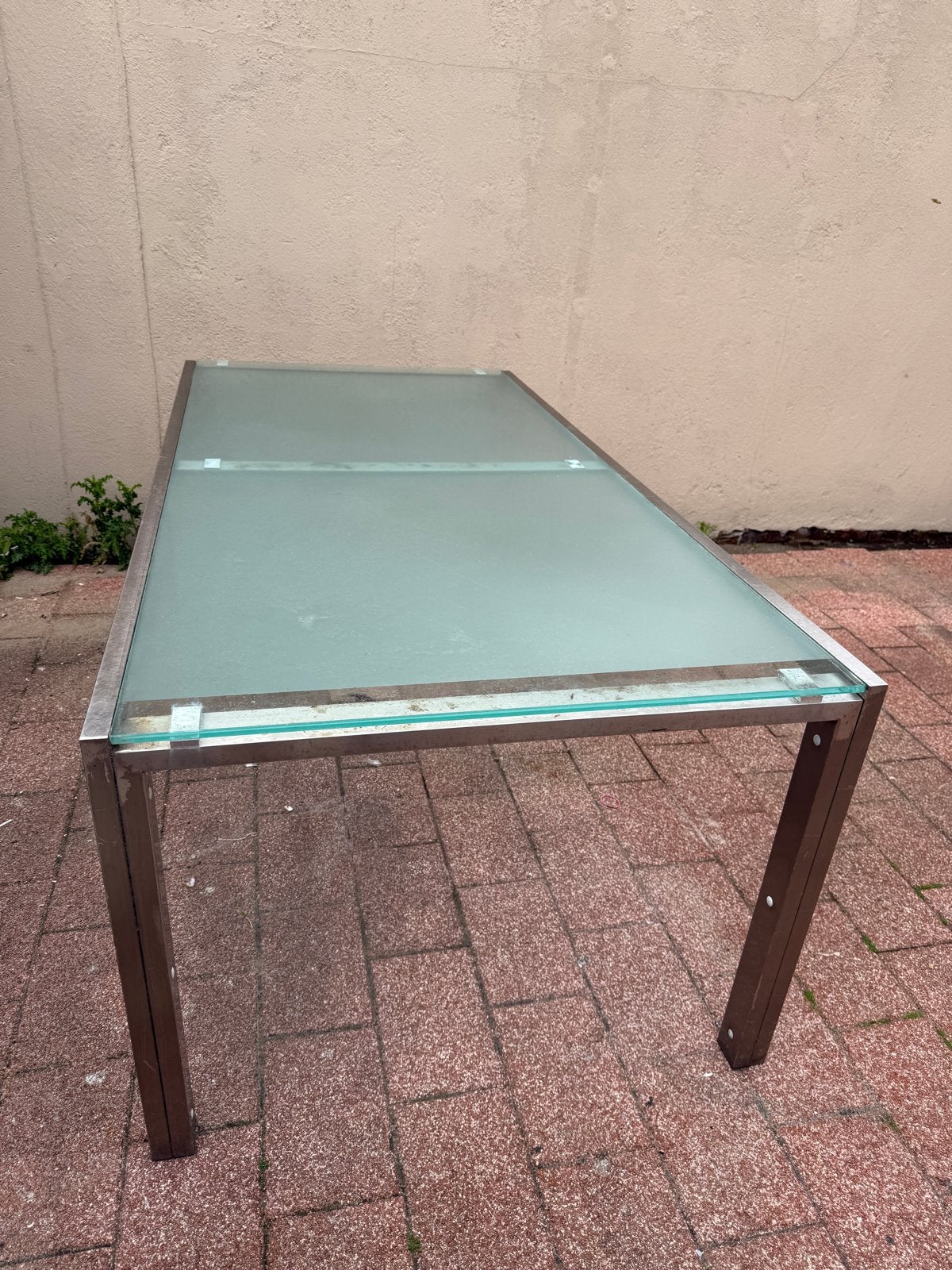 Robuuste metalen tuintafel met glazen blad, Tuin en Terras, Ophalen, Gebruikt, Rechthoekig, Metaal