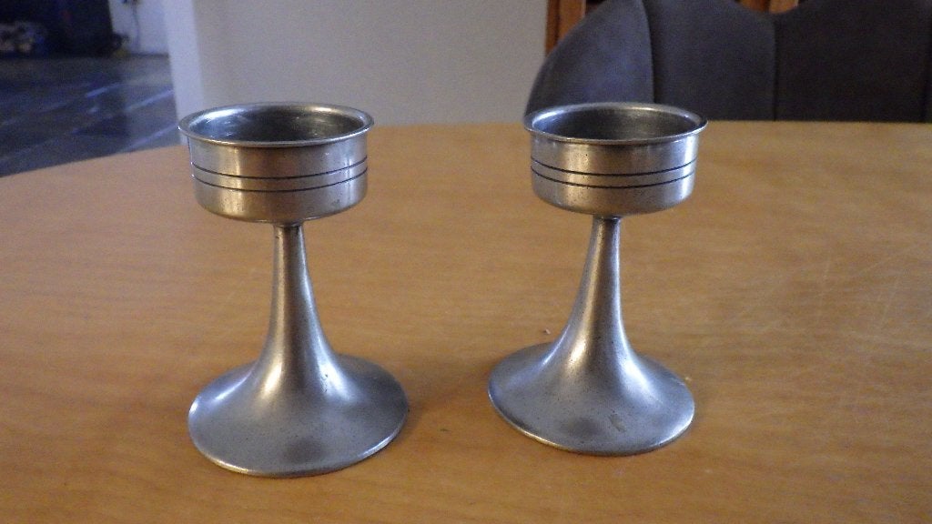 twee tinnen kandelaars, Ophalen of Verzenden, Gebruikt, Metaal, Kandelaar