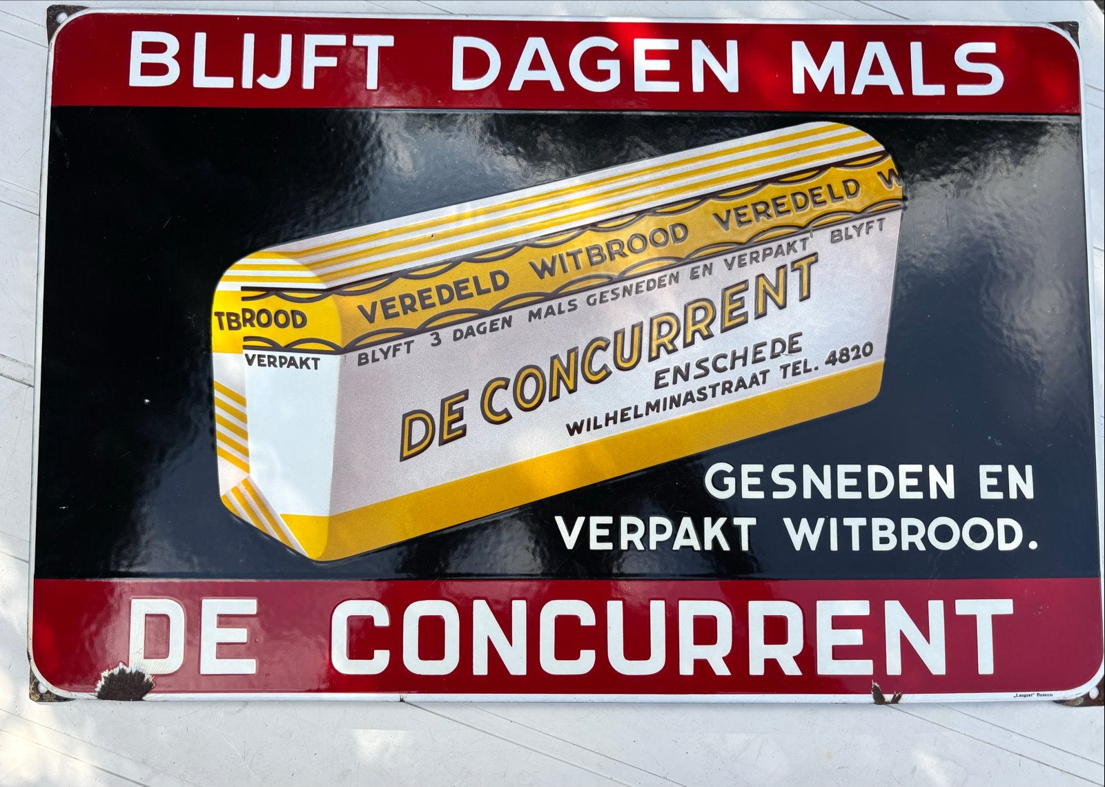 Emaille Reclamebord De Concurrent Witbrood Langcat Bussum, Ophalen of Verzenden, Gebruikt, Reclamebord