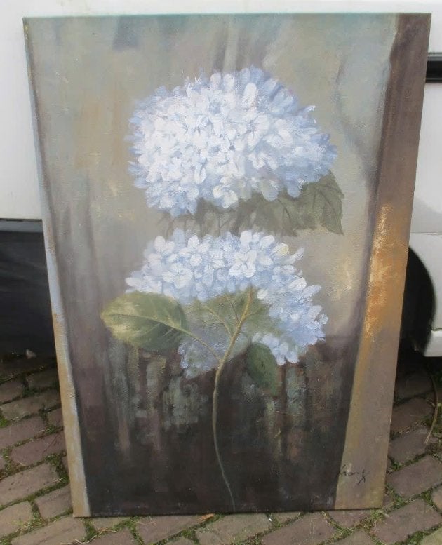 Mooi Groot Geschilderd werk '2 Grote Bloemen' - gesigneerd, Bloemen, Doek, Ophalen of Verzenden, Olieverf