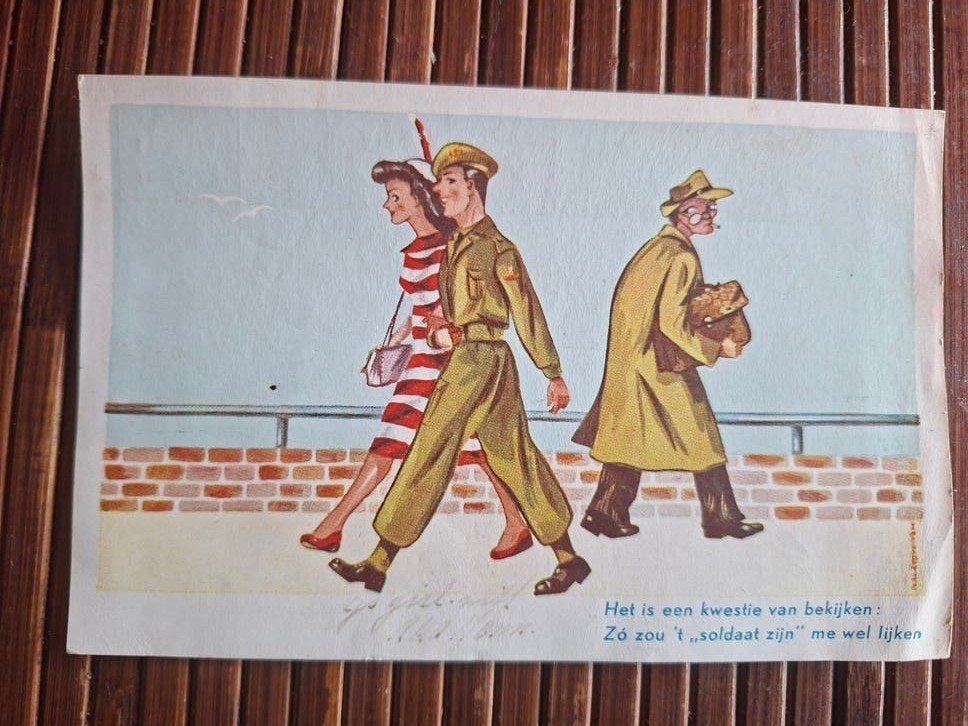 Vintage Ansichtkaart: Grappige Scène met Soldaat (1951), Verzamelen, Ansichtkaarten | Nederland, Ophalen of Verzenden