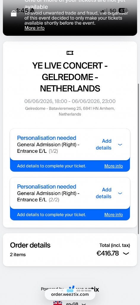 2x Ye - Staanplaatsen 6 Juni, Ophalen of Verzenden, Nieuw