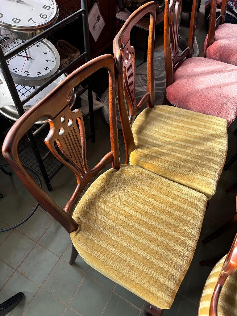 Vintage Houten Stoelen Velvet Mosterdgroen Queen Anne, Ophalen