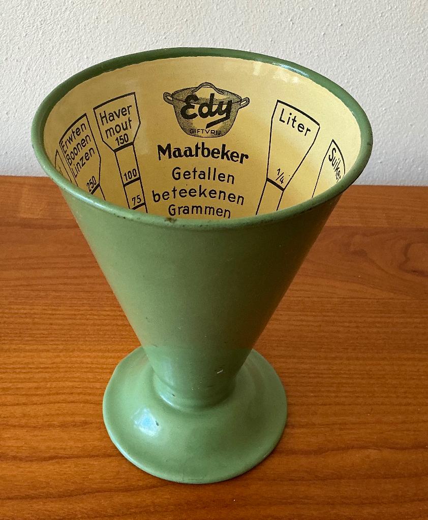 Vintage Edy Emaille Maatbeker - Resedagroen - Jaren '50 xxx, Ophalen of Verzenden
