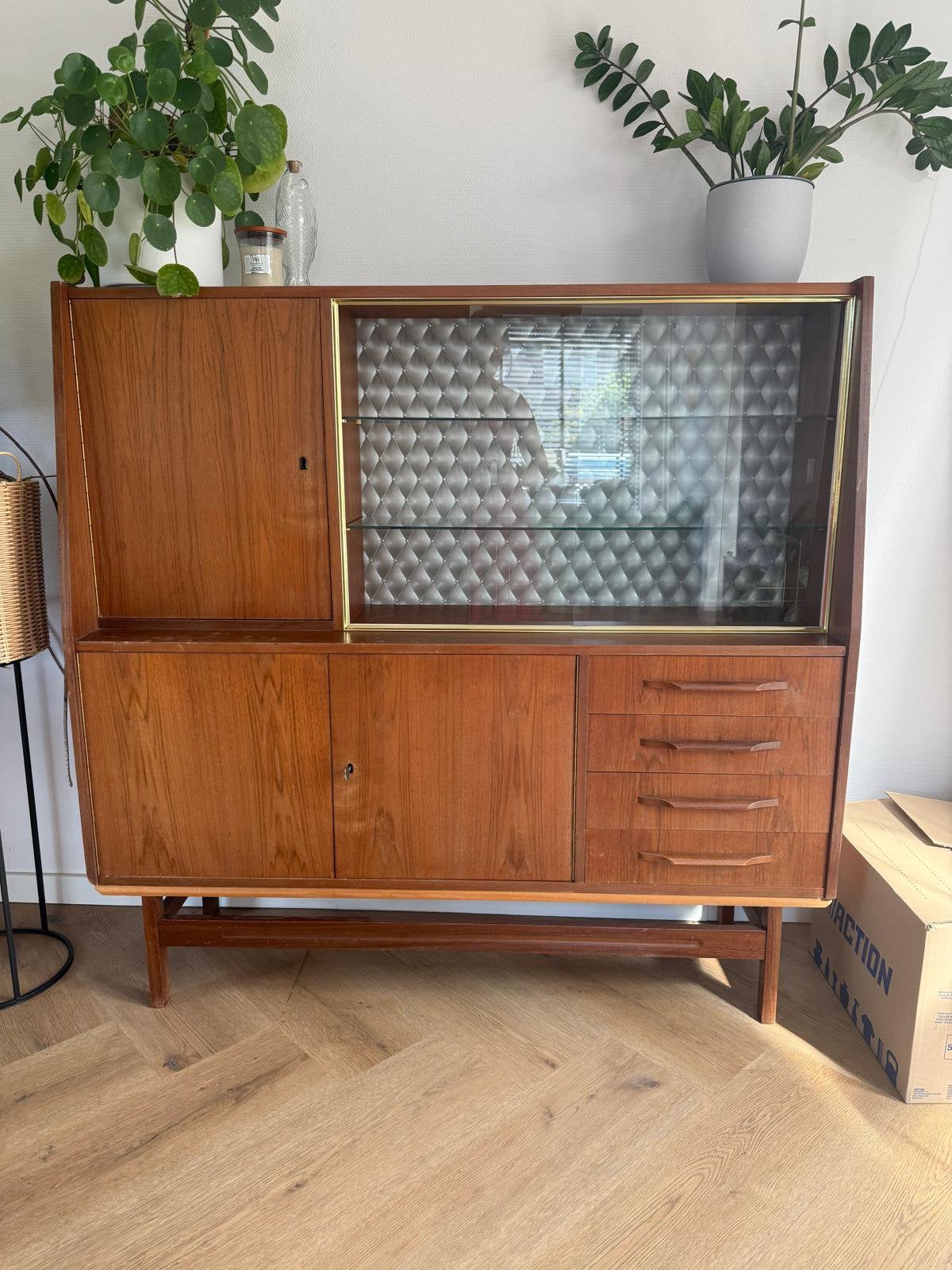 Mid-century vintage kast met vitrine en lades jaren 50/60, Ophalen, Gebruikt, 25 tot 50 cm, 50 tot 100 cm