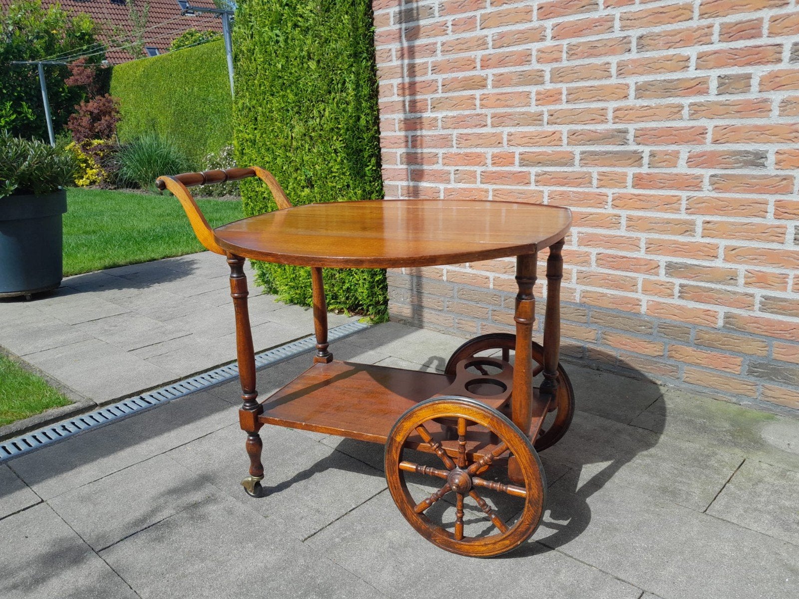 Antieke houten theewagen/serveerwagen met inklapbaar blad, Ophalen