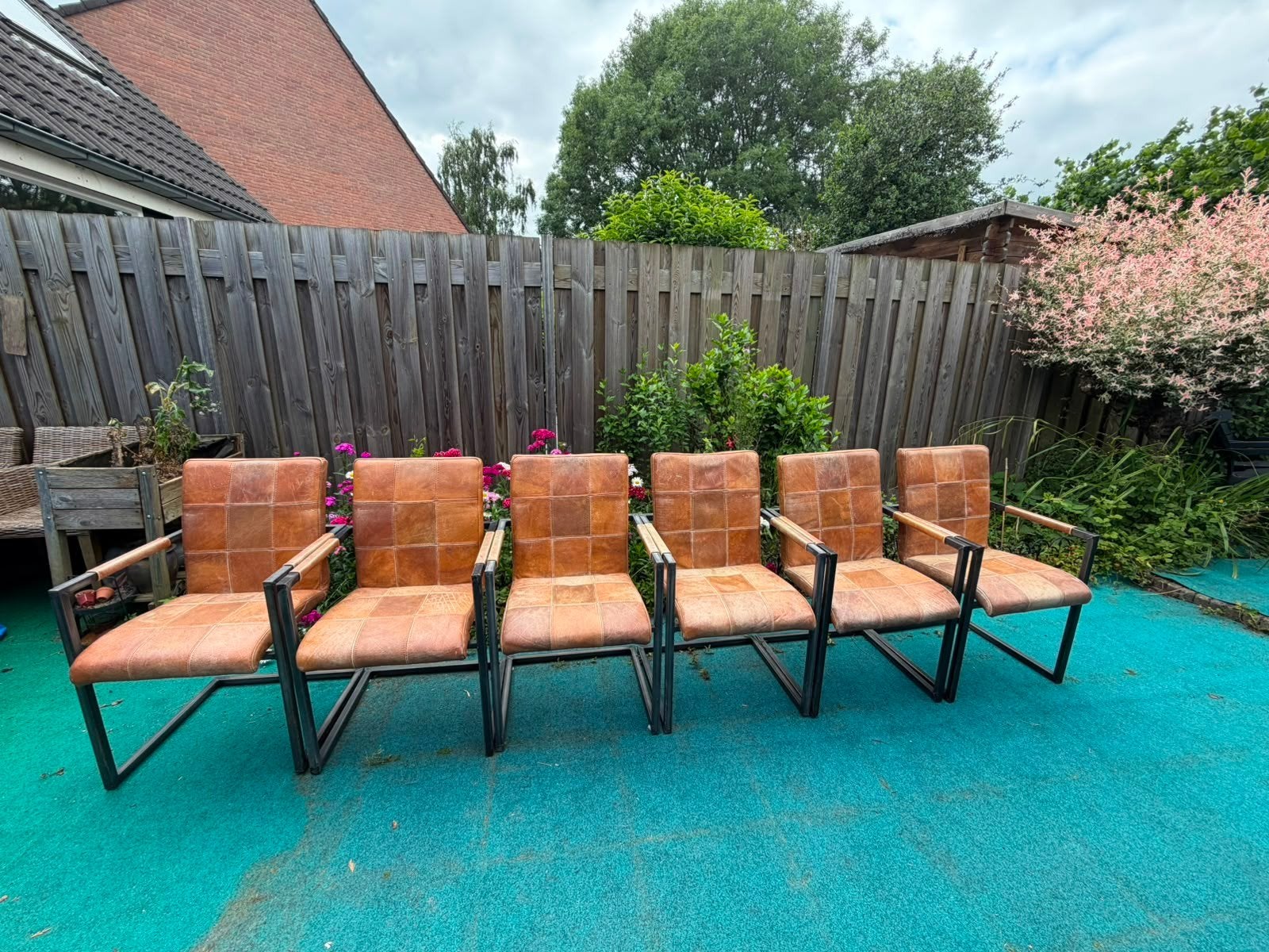 Set van 6 leren stoelen met metalen frame, Ophalen, Gebruikt, Bruin, Industrieel, Vintage
