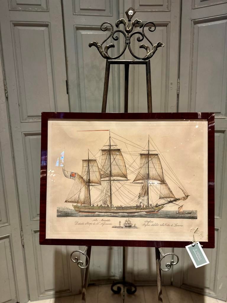 18 eeuws handgekleurd kopergravure, engels koopvaardijschip, Ophalen