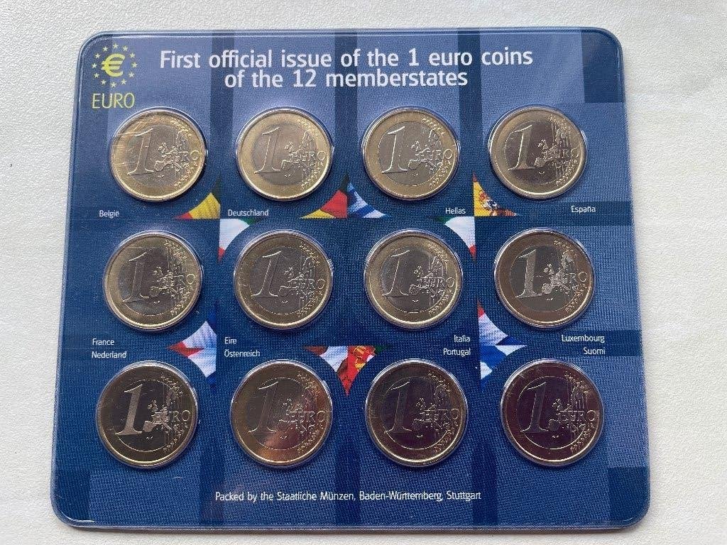 Muntset, First official issue of €1,= of 12 memberstates, Postzegels en Munten, Munten | Nederland, Ophalen of Verzenden, Koningin Beatrix