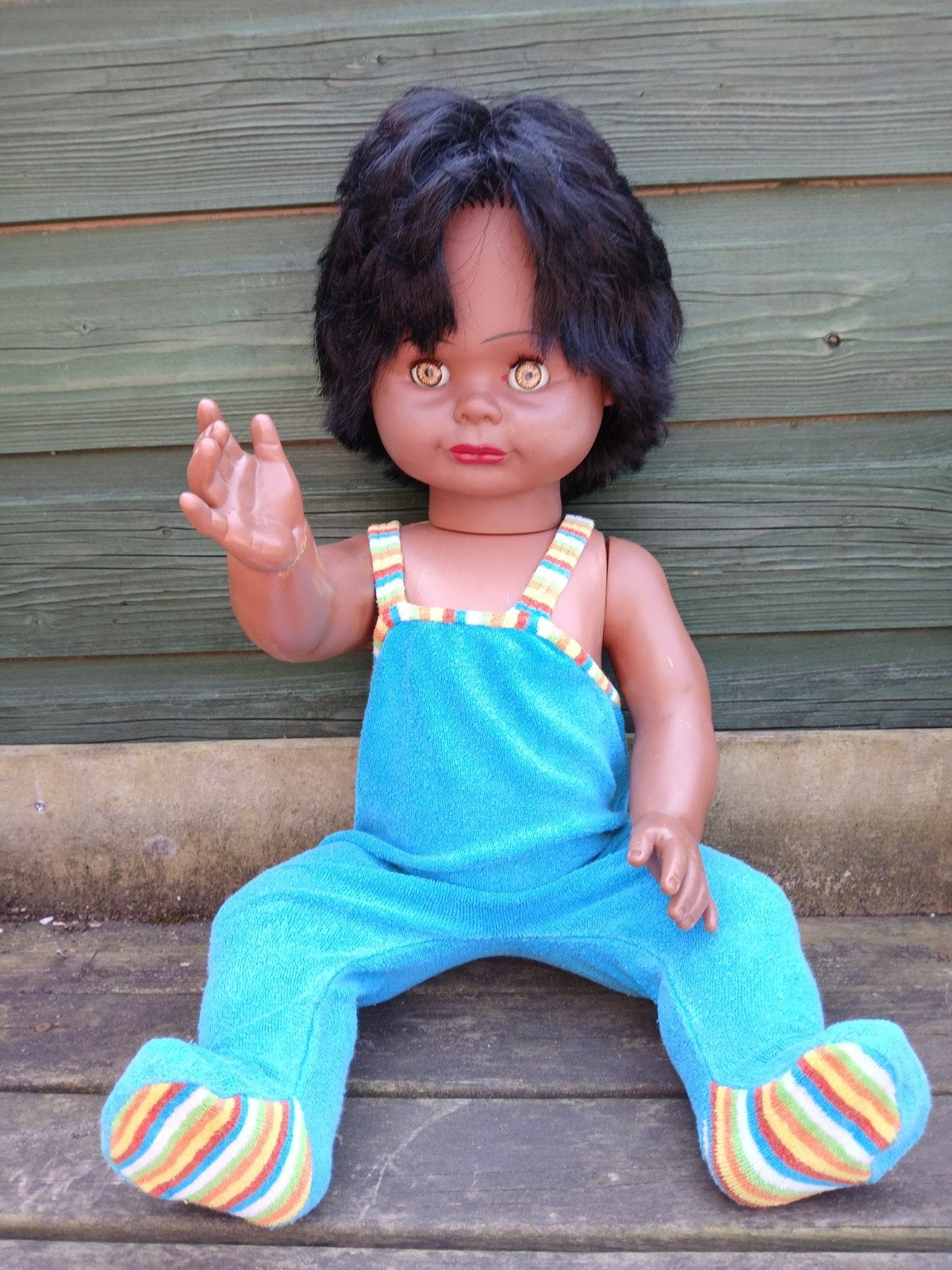 Donkere pop 70 cm met echt haar, Kinderen en Baby's, Speelgoed | Poppen, Ophalen of Verzenden, Gebruikt, Overige typen
