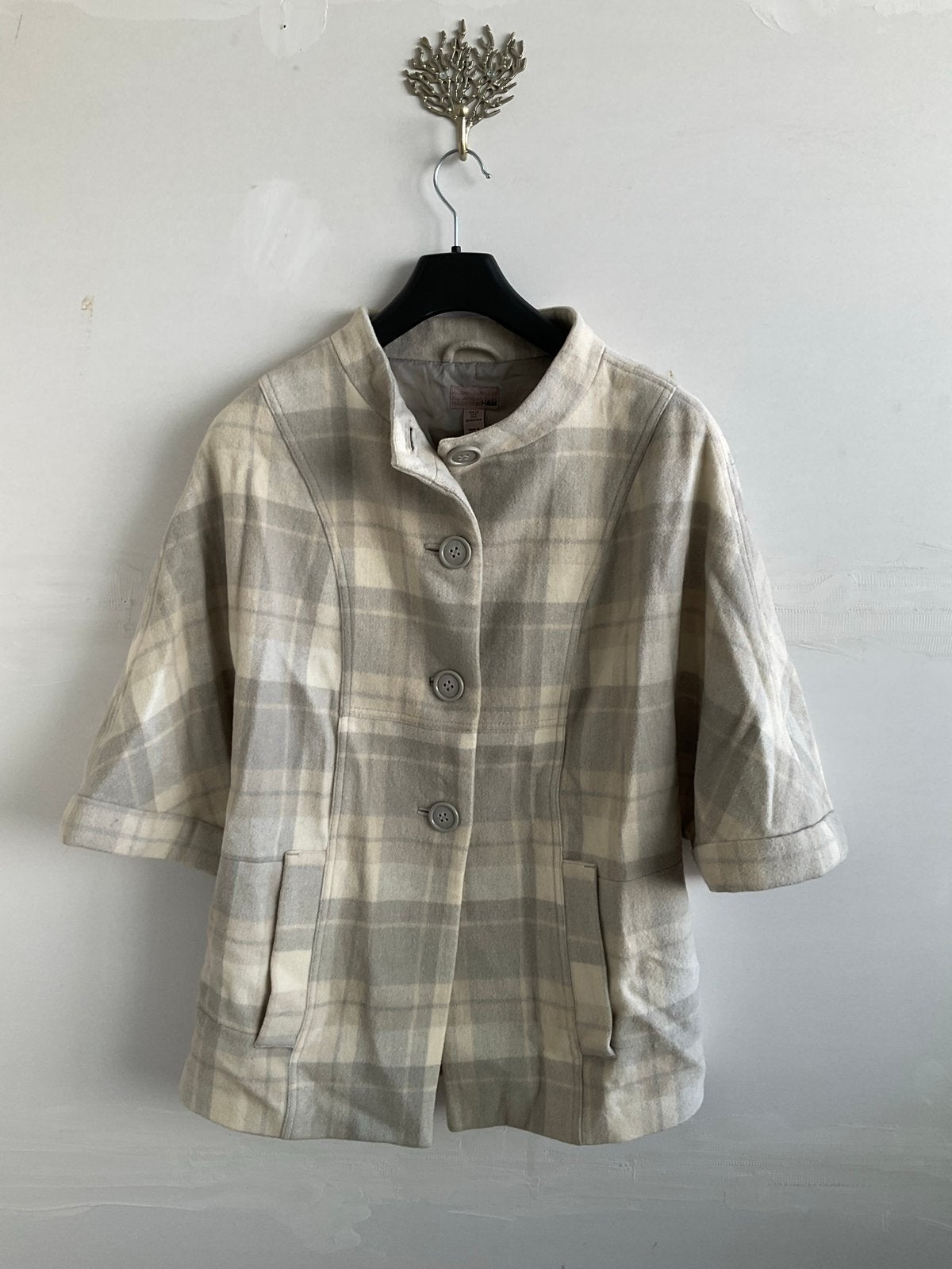 H&M geruite wollen jas/cape - Maat 36/38, Verzenden, Zo goed als nieuw, Maat 38/40 (M), Grijs