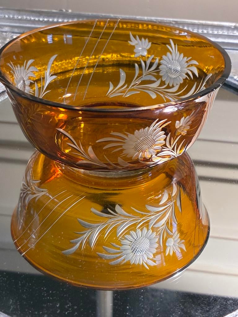 Vintage Boheemse glazen kommen (2 stuks) - Amberkleurig, Antiek en Kunst, Antiek | Glas en Kristal, Ophalen of Verzenden