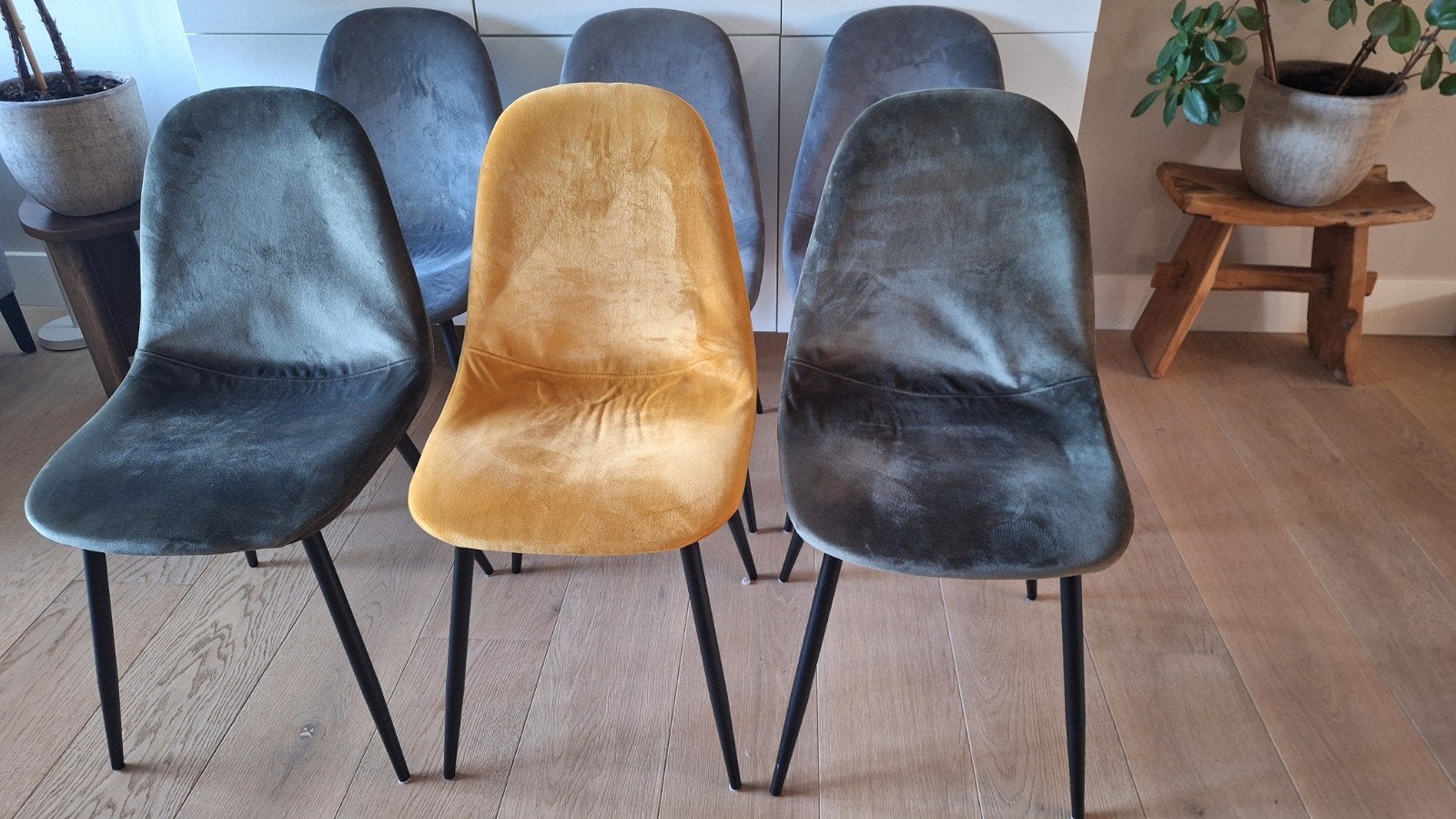 Set van 6 fluwelen eetkamerstoelen in diverse kleuren, Ophalen, Gebruikt, Overige kleuren, Modern, Eclectisch