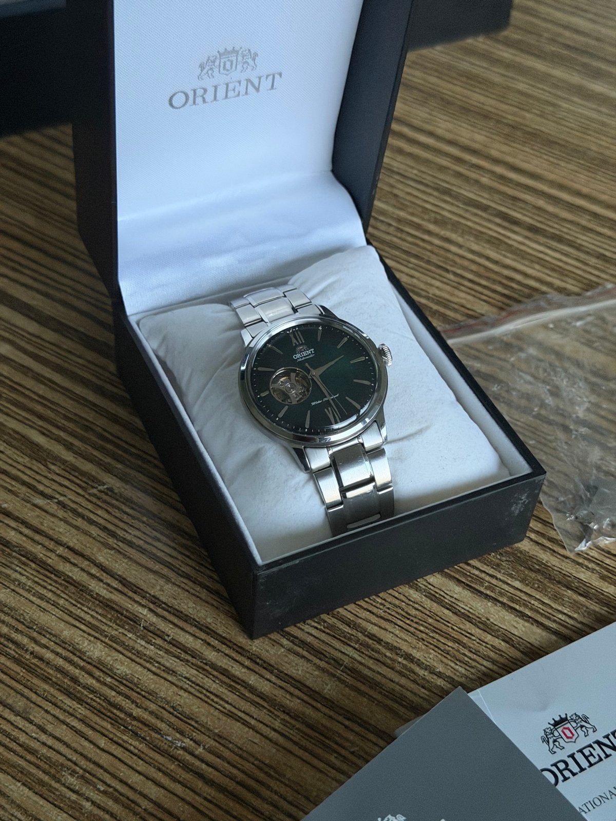 Orient Bambino Open Heart Green Dial - Volledige set, Overige merken, Staal, Polshorloge, Ophalen of Verzenden
