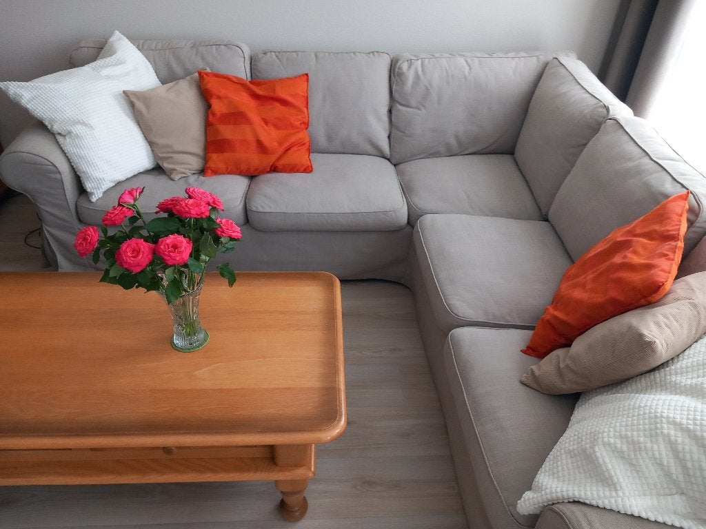 Ikea hoekbank Ektorp zandkleur, Gebruikt, Hoekbank, 75 tot 100 cm, Stof
