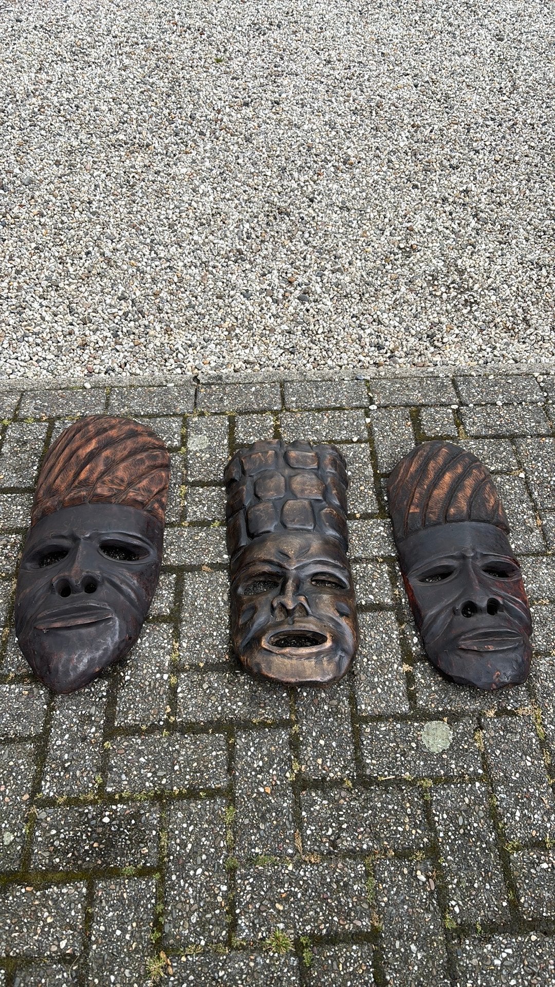 3 grote Zuid Afrikaanse houten maskers, Ophalen of Verzenden, Zo goed als nieuw, Bruin, Wandbord of Wandpaneel