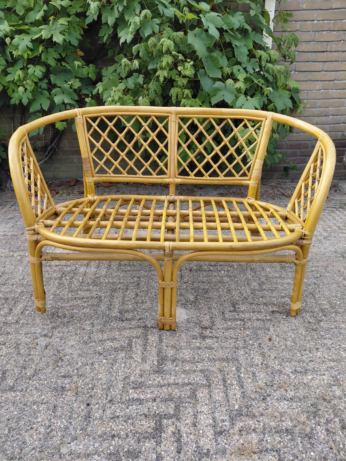 Rotan bankje met kussens - 2-zits, Ophalen, Zo goed als nieuw, Rotan