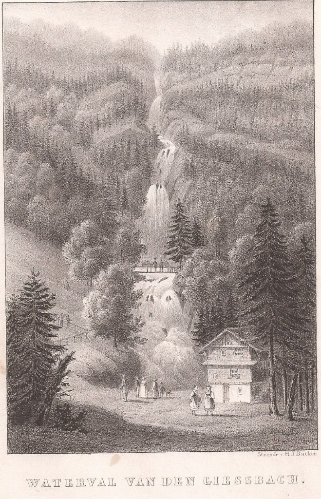 Zwitserland Waterval van den Giessbach Steendruk 1845, Antiek en Kunst, Kunst | Etsen en Gravures, Origineel, 1800 - 1899, Ophalen of Verzenden